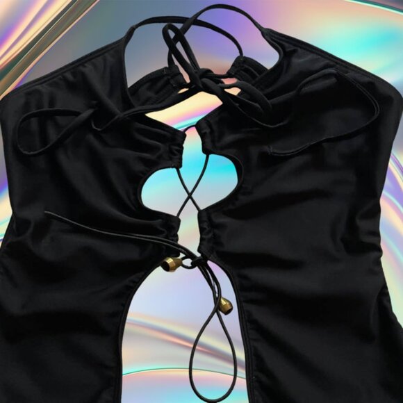 Black Cutout One-Piece Swimsuit with Tie Front & Gold Detail – Size Medium - Picture 4 of 10